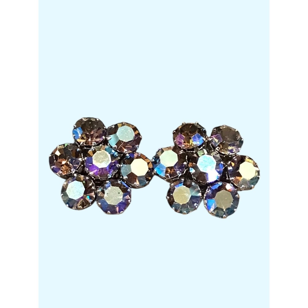 Vintage Sparkling Weiss Signed Prong Set Crystal AB‎ Rhinestones Clip Earrings